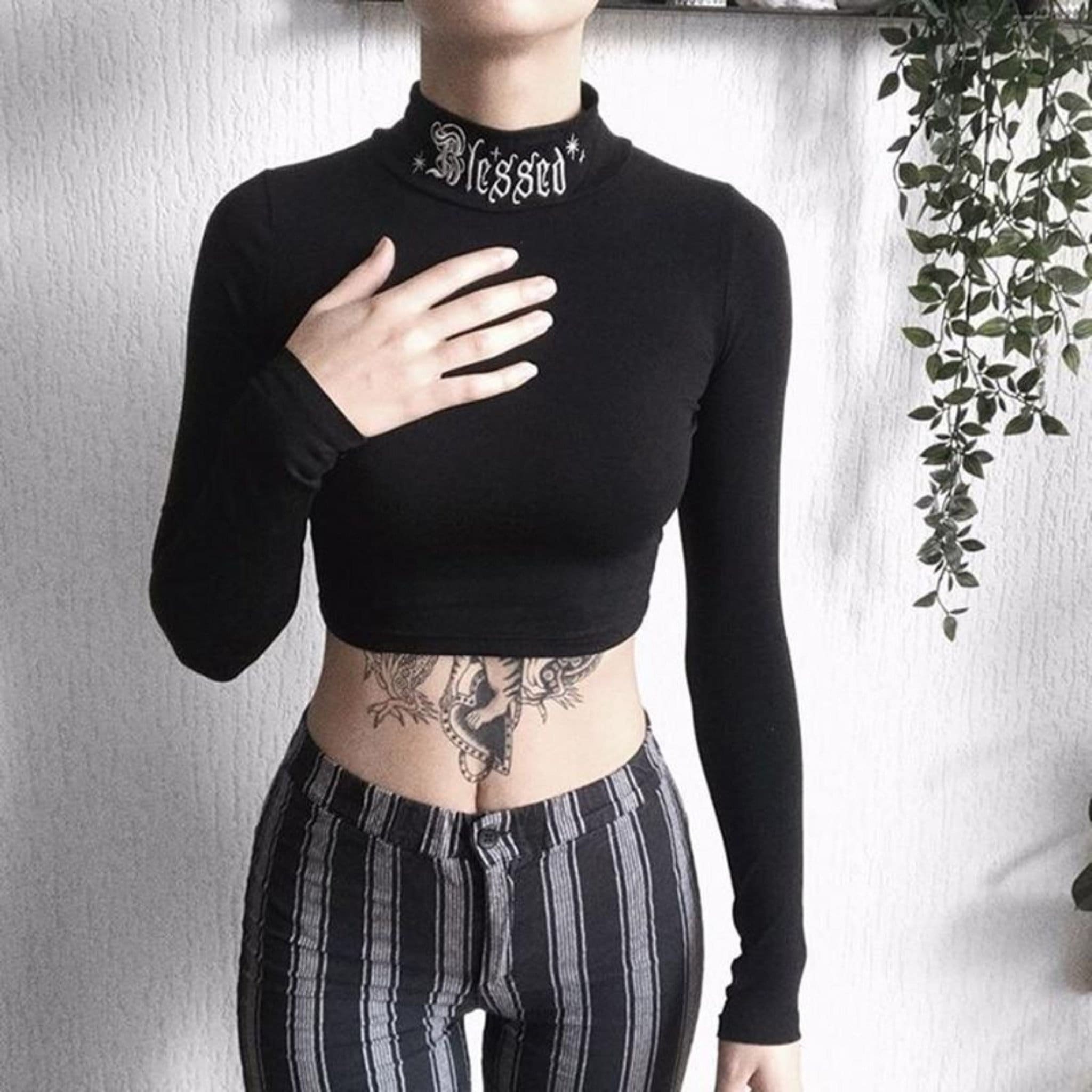 Blessed Gothic Mockneck Crop Top With Long Sleeve In Black