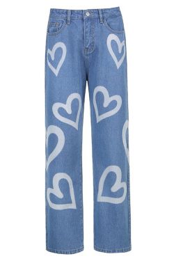 Blue Black Vintage Heart Printed Y2k Baggy Jeans Women High Waist Aesthetic Mom Jeans Denim Streetwear 90s Trousers