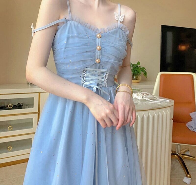 Blue Butterfly Slip Dress Bling Dress French Fairy Dress Milkmaid Dress Beach Dress Gauzy Princess Dress Cottagecore Dress Victorian Dress