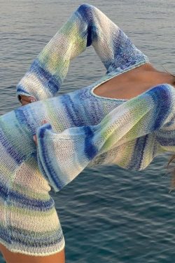 Blue Sexy Knitted Backless Mini Dress Bodycon Y2k Long Sleeve Summer Beach Dress Women New Club Party Dresses