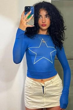 Blue Star Casual Crop Top Y2k Long Sleeve Top 2000s Inspired Gift For Her