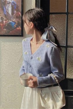 Blue White Lily Flower Embroidered Soft Warm Knit Button Up Cardigan Retro Vintage Trends Cute Aesthetic Fashion