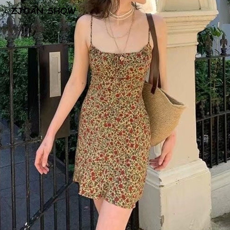 Bohemian Floral Print Brown Summer Dress Woman Sleeveless Adjust Spaghetti Strap Short Dresses Backless Sling