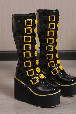 Brand Design Female Gothic Cosplay Wedges High Heels Women Boots Fashion Metal Buckle Platform Knee High Boots Punk Shoes Woman