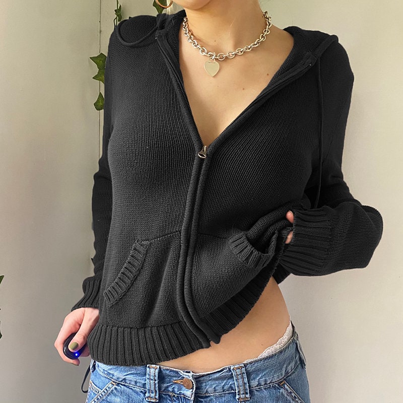 Brown Black Knit Zip Up Hoodie Sweaters Knitted Cropped Cardigan 2000s Aesthetic Streetwear Dark Academia Autumn Clothing