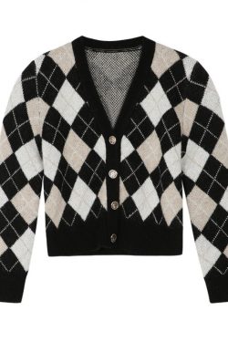 Brown Black White Argyle Pattern Soft Knit Button Up Cardigan Sweater Retro Vintage Trends Cute Aesthetic Fashion Y2k 2000s 90s Style