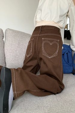 Brown Women's Jeans High Waist Vintage Straight Baggy Denim Pants Streetwear Heart Pattern Design Fashion Wide Leg Denim Trouser
