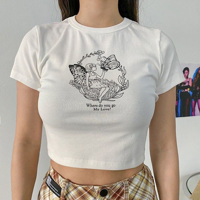 Butterfly Girl Print Y2k White Crop Tee Butterfly Print T Shirt Aesthetics 2000s Graphic Shirts Trending Y2k Trash Streetwear Fashion