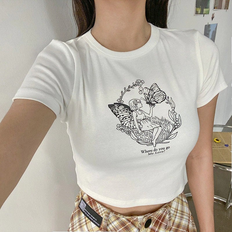 Butterfly Girl Print Y2k White Crop Tee Butterfly Print T Shirt Aesthetics 2000s Graphic Shirts Trending Y2k Trash Streetwear Fashion