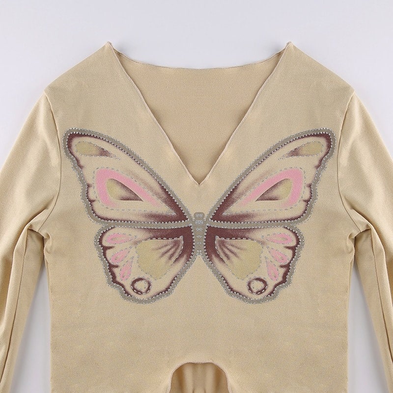 Butterfly Print Cute Flare Sleeve Crop Top T Shirt Women Ruffles Fashion Autumn Basic T Shirt Ladies Streetwear