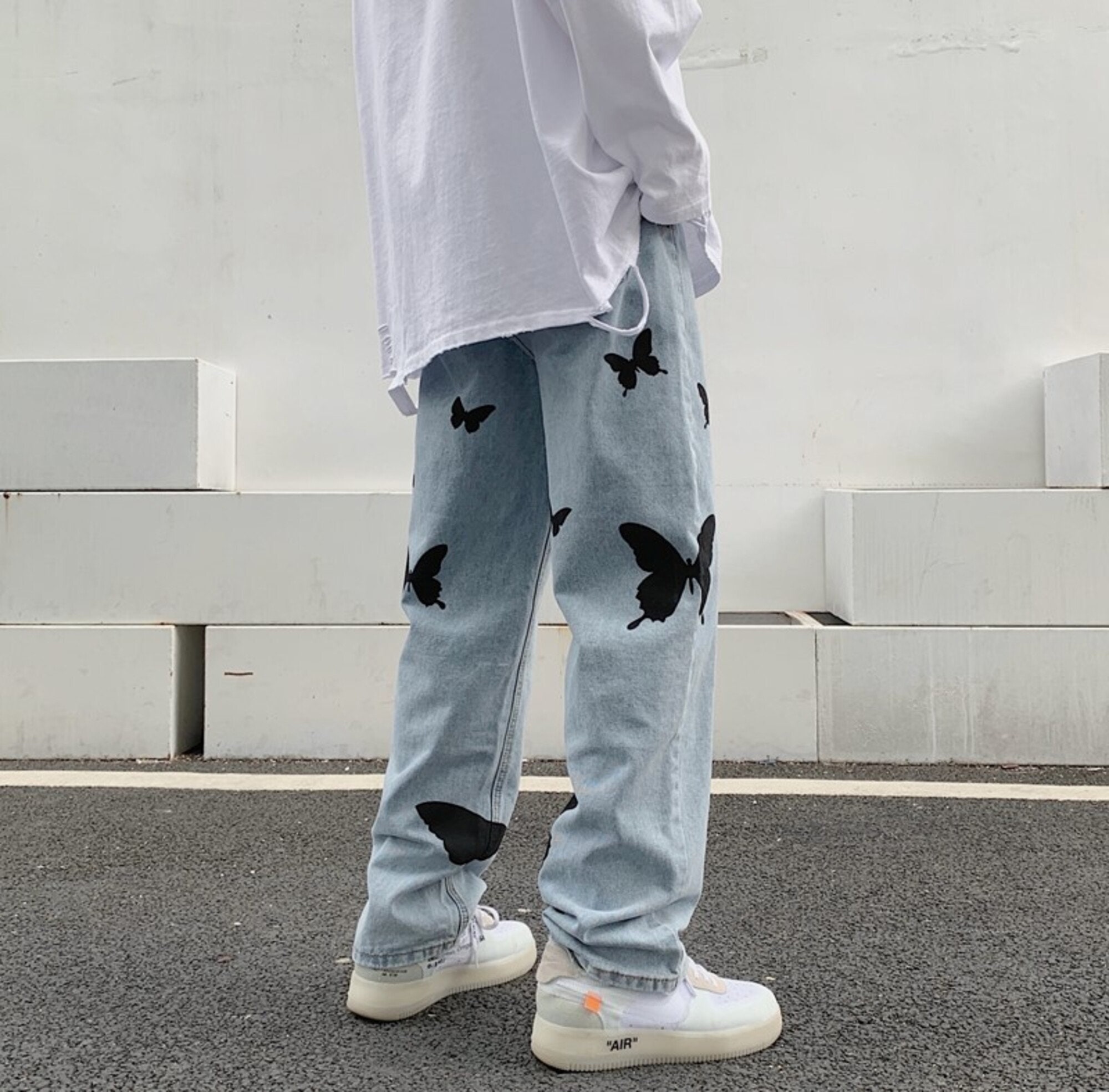 Butterfly Print Jeans Men Pants Loose Baggy Jeans Casual Denim Pants Streetwear Straight Fashion Trousers Clothing Vintage