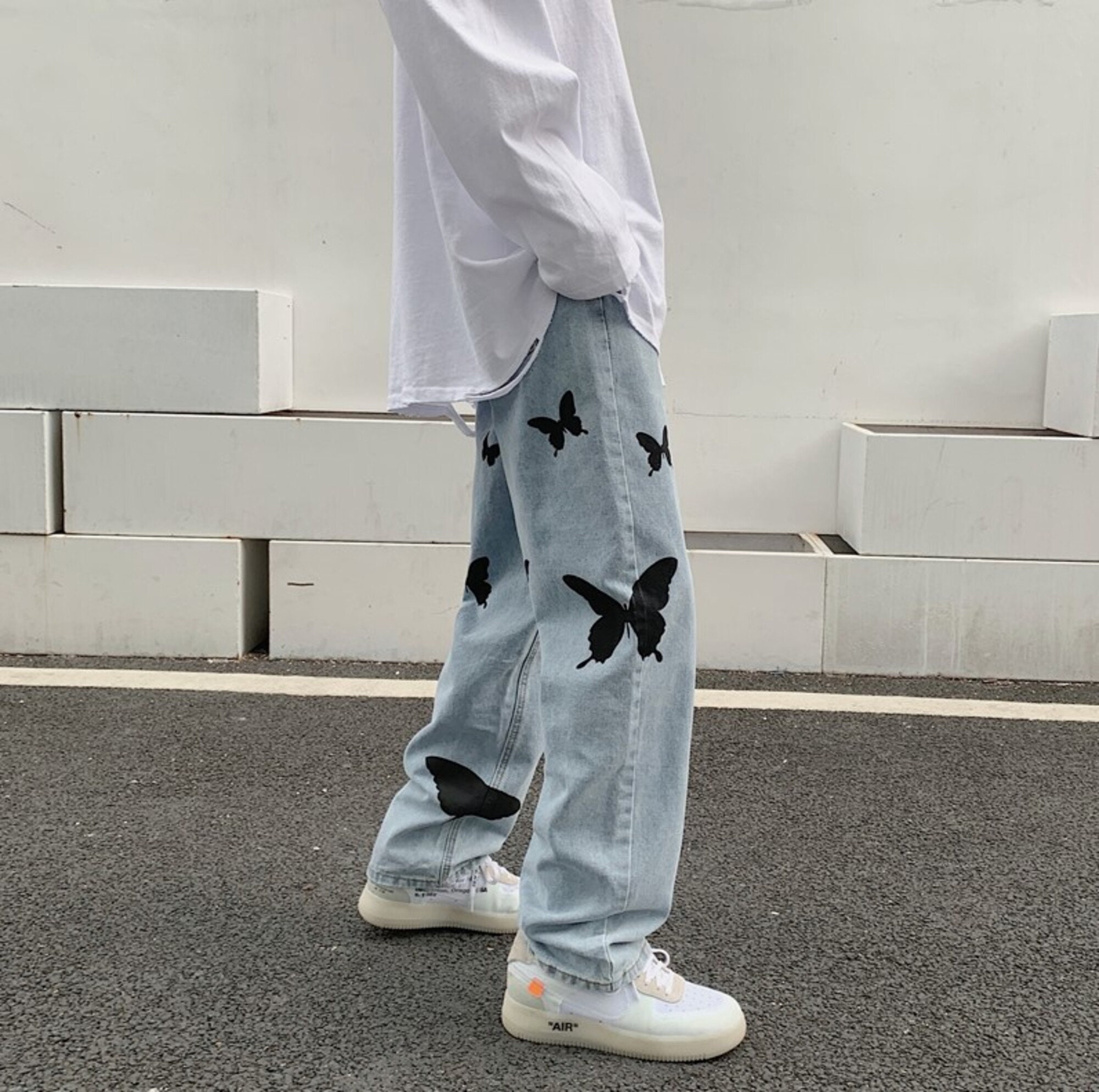 Butterfly Print Jeans Men Pants Loose Baggy Jeans Casual Denim Pants Streetwear Straight Fashion Trousers Clothing Vintage