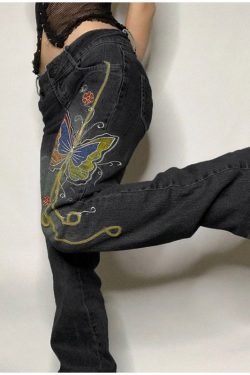 Butterfly Print Y2k Denim Jeans Low Waisted Grunge Vintage Cargo Trousers Printed Jeans Embroidered Jeans Y2k Streetwear Style Jeans