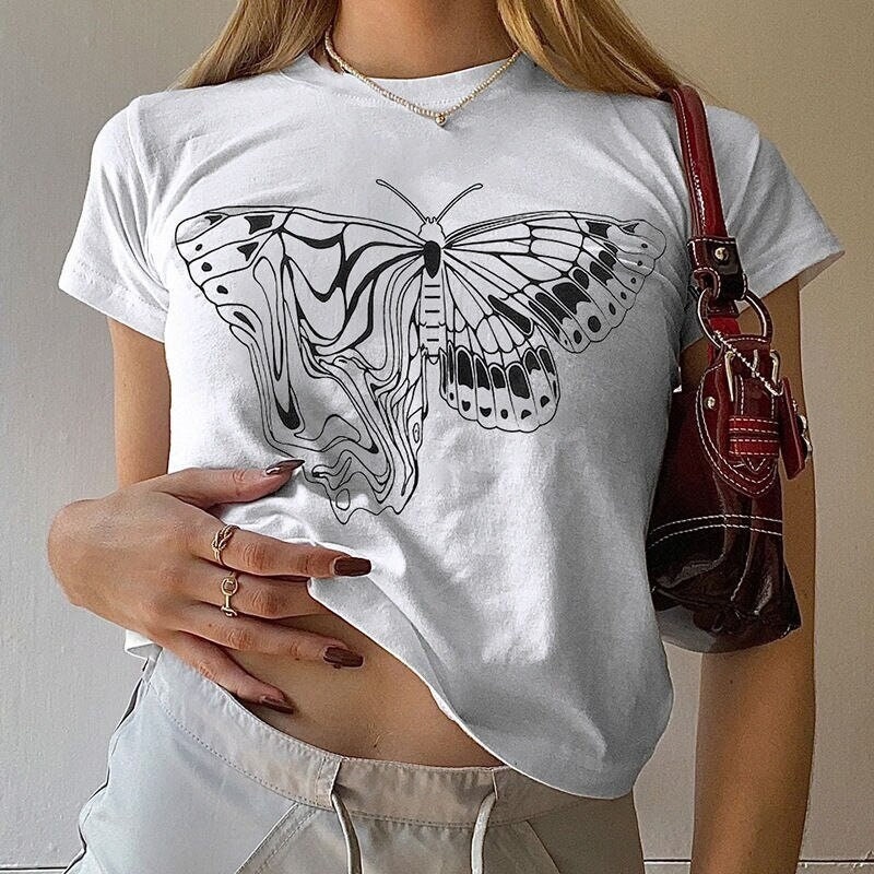 Butterfly Print Y2k White Crop Tee Trippy Butterfly Print T Shirt Aesthetics 2000s Graphic Shirts Trending Y2k Trash Streetwear Fashion