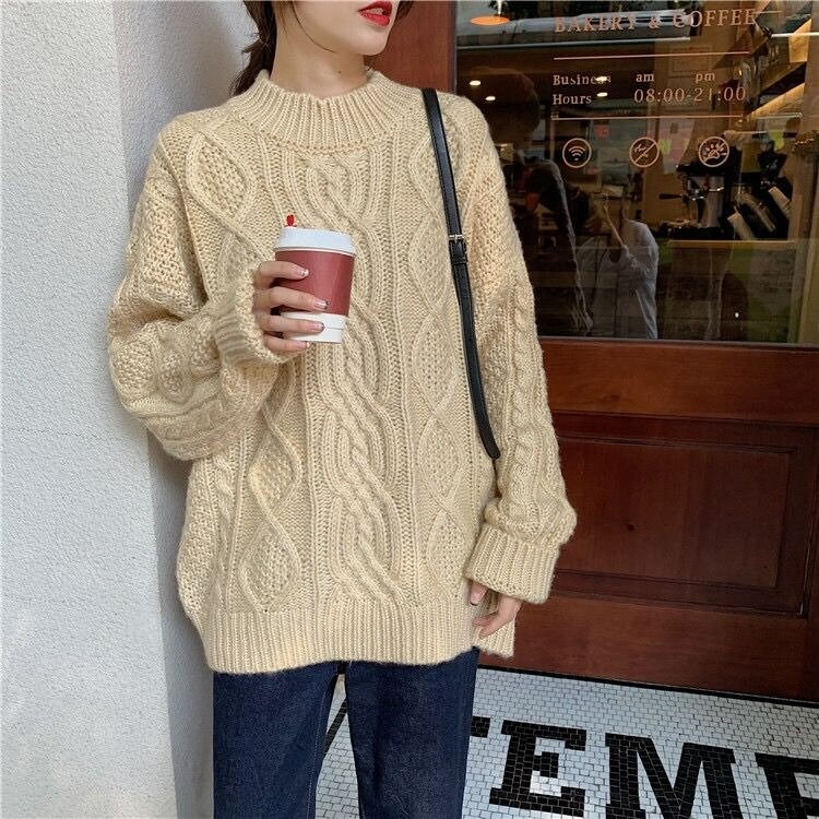 Cable Knit Light Academia Clothing Grandpa Sweater For Woman Solid Vintage Casual Y2k Sweater