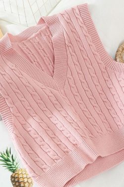 Cable Knit Sweater Vest V Neck Sleeveless Casual Knit Tops Women Korean Fashion Y2k Clothing