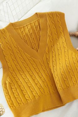 Cable Knit Sweater Vest V Neck Sleeveless Casual Knit Tops Women Korean Fashion Y2k Clothing