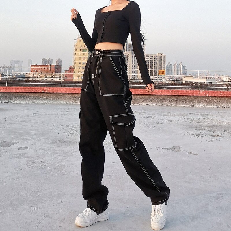 Cargo Pants Women Baggy High Waisted Black Gothic E Girl Pants Wild Straight Cargo Jeans High Waist Loose Trendy Hip Hop Style Trousers