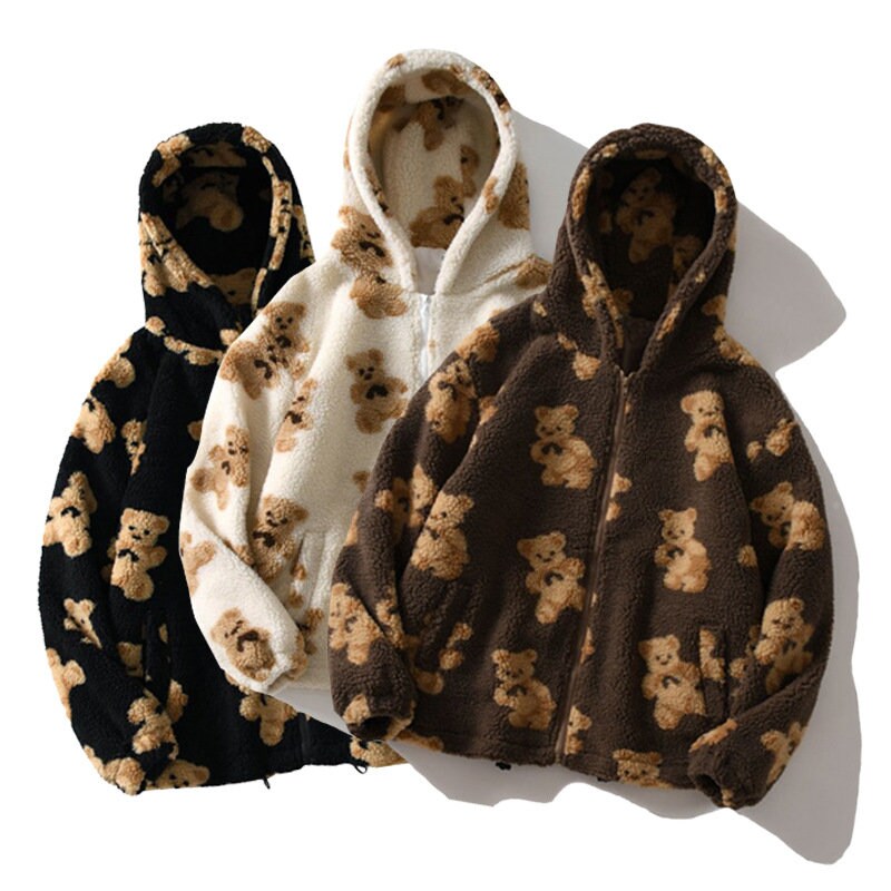 Cartoon Bear Fleece Hooded Jackets Women Casual Hoodie Female Zip Up Sweatshirt Teddy Coat Warm Hoodies Couple Clothes