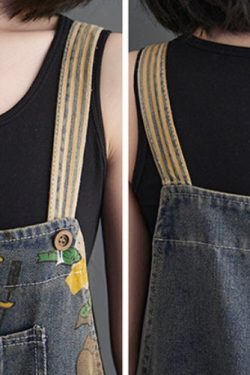 Cartoon Print Denim Overalls Summer Loose Jeans Plus Size Overalls Fashionable Overalls Retro Wide Leg Jumpsuits