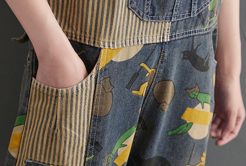Cartoon Print Denim Overalls Summer Loose Jeans Plus Size Overalls Fashionable Overalls Retro Wide Leg Jumpsuits