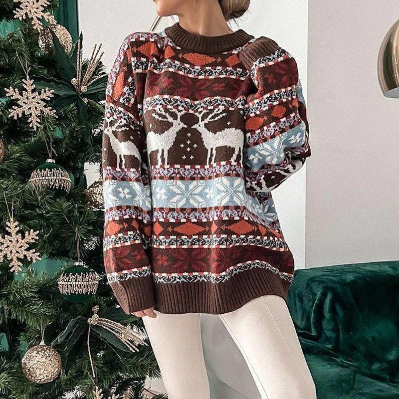Casual O Neck Long Sleeve Pullover Sweater Women Autumn Fashion Christmas Printed Sweater Ladies Commuter Loose Sweater