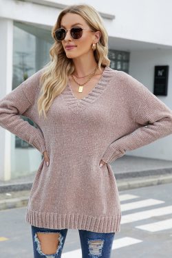 Casual Solid Color Knitted V Neck Sweater Knitting Long Sleeve Winter Sweater Fit Warm Sweater Outerwear Womens Gift For Her