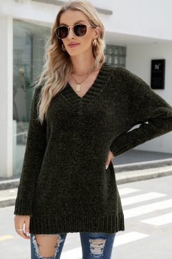 Casual Solid Color Knitted V Neck Sweater Knitting Long Sleeve Winter Sweater Fit Warm Sweater Outerwear Womens Gift For Her