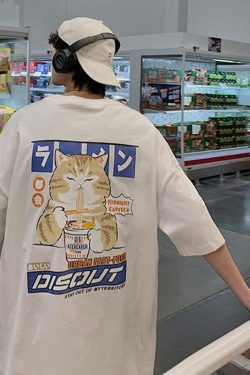 Cat Cartoon Graphic Men Tshirt Casual Baggy Short Sleeve T Shirt Japanese Style Oversized T Shirt Men's Clothing