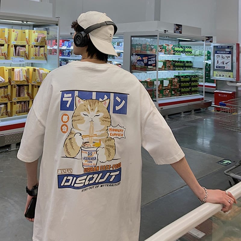 Cat Cartoon Graphic Men Tshirt Casual Baggy Short Sleeve T Shirt Japanese Style Oversized T Shirt Men's Clothing