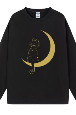 Cat Print Hoodie Cat In The Moon Hoodie Women Hoodies Unisex Oversized Sweatshirt Aesthetic Sweatshirt Fall Winter Hoodie Gift For Him