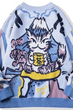 Cat Sweater Harajuku Knitted Sweater Funny Cat Anime Sweater Cat Crewneck Sweater Y2k Japanese Streetwear Harajuku Cat Lover Gift