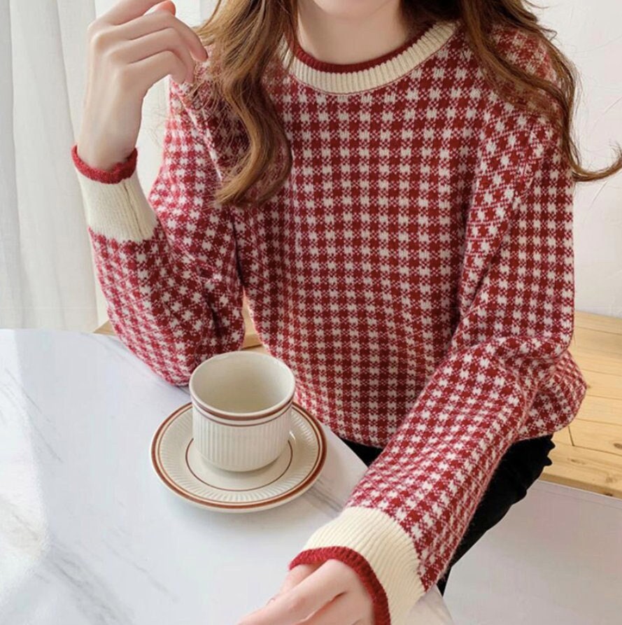Checker Check Pattern Print Warm Soft Knit Pullover Sweater Jumper Retro Vintage Trends Cute Aesthetic Fashion Y2k 2000s 90s Style