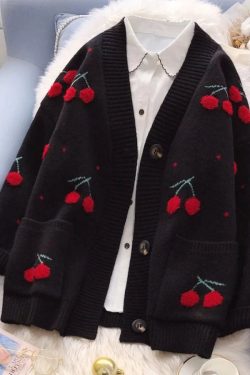 Cherry Embroidered Cardigan Knit Sweater Women Harajuku Kawaii