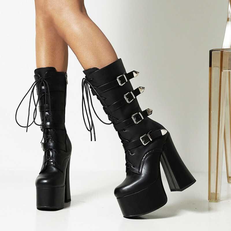 Chunky Boots Lace Up Boots Classic Boots Mid Calf Boots Black Boots Womens Boots Gothic Boots Biker Boot Chunky Heel Boots