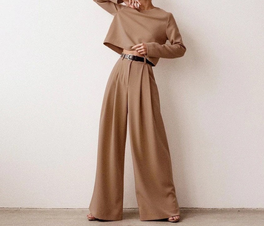 Classic Wide Pants Floor Length Pleated Loose Women Trousers Spring Wide Leg Pants Vintage Female Palazzo Pants