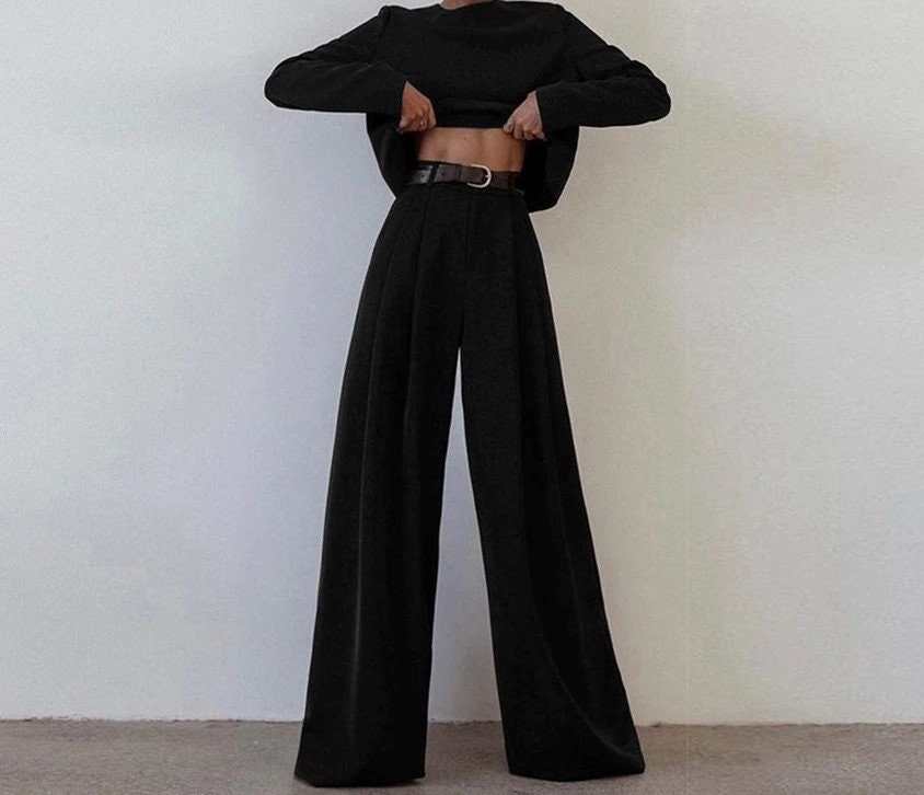Classic Wide Pants Floor Length Pleated Loose Women Trousers Spring Wide Leg Pants Vintage Female Palazzo Pants