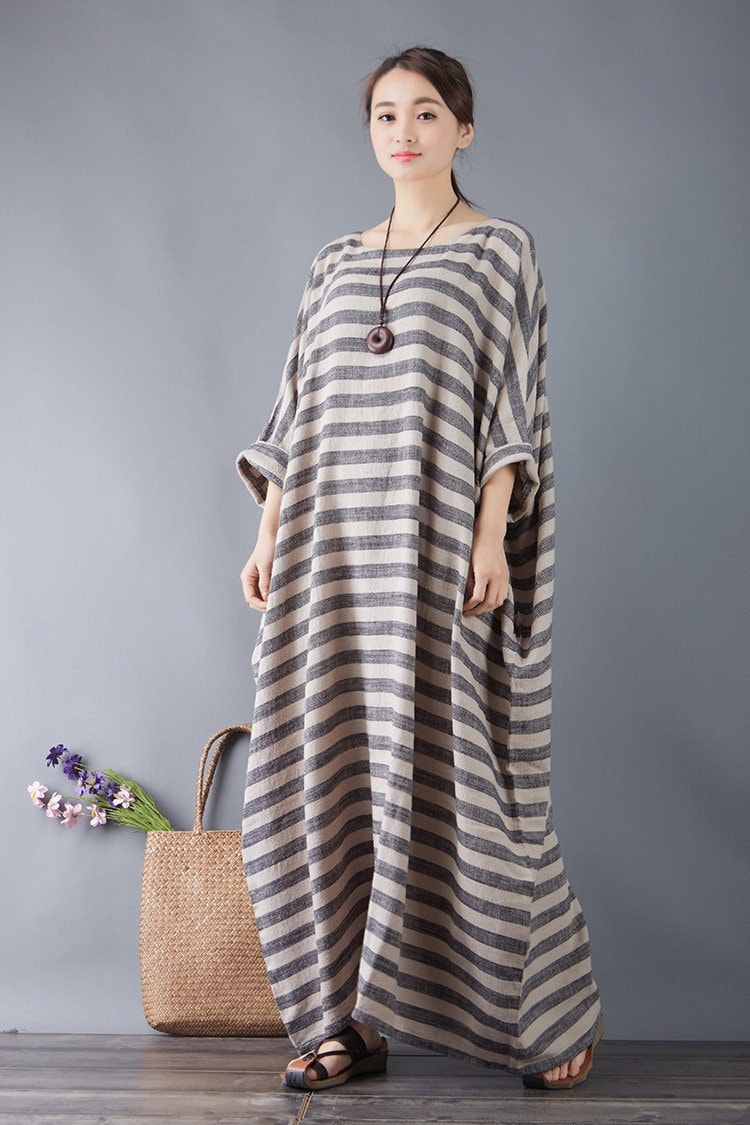 Clearance Oversized Striped Dress Summer Cotton Dress Soft Casual Loose Robes Maxi Dresses