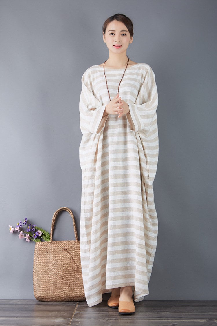 Clearance Oversized Striped Dress Summer Cotton Dress Soft Casual Loose Robes Maxi Dresses