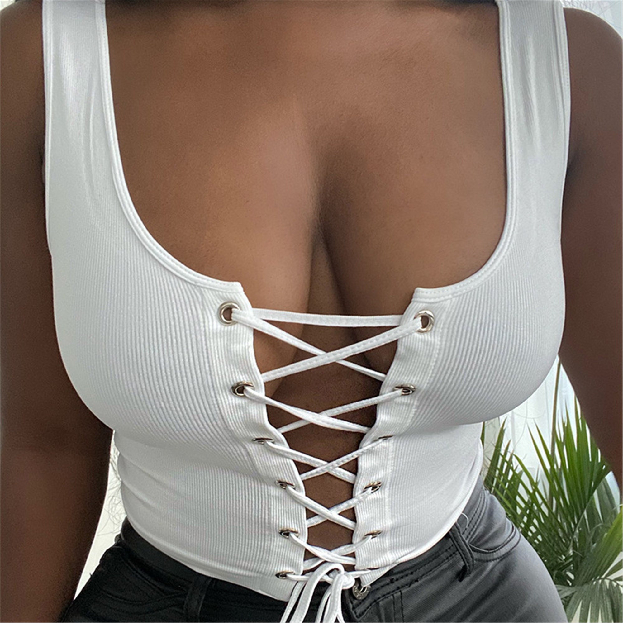 Cleavage Tank Top Lace Up Tops Tees White Tank Top Sexy Fashion Streetwear Low Cut Bodycon Crop Top Basic Top Gift For Her