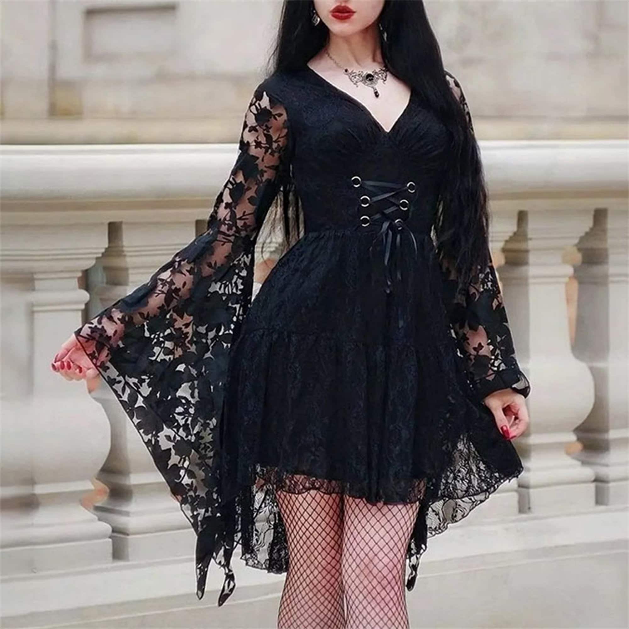 Cold Shoulder Gothic Dress Goth Retro Lace Dress Gothic Long Flared Sleeve Gothic Sexy Lace Up Square Neck Dress Gothic Cosplay Witch Clothe