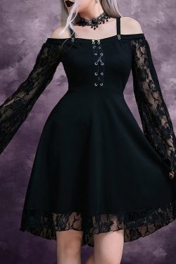Cold Shoulder Gothic Dress Plus Size Halloween Long Flared Sleeve Punk Harajuku French Dress Cosplay Costume