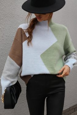Color Block Knitted Round Neck Sweater Knitting Long Sleeve Winter Sweater Fit Warm Sweater Outerwear Womens Gift For Her
