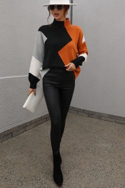 Color Block Knitted Round Neck Sweater Knitting Long Sleeve Winter Sweater Fit Warm Sweater Outerwear Womens Gift For Her