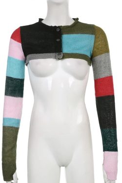 Colorblock Knitted Smock Cardigan Vintage Streetwear Y2k Clothing