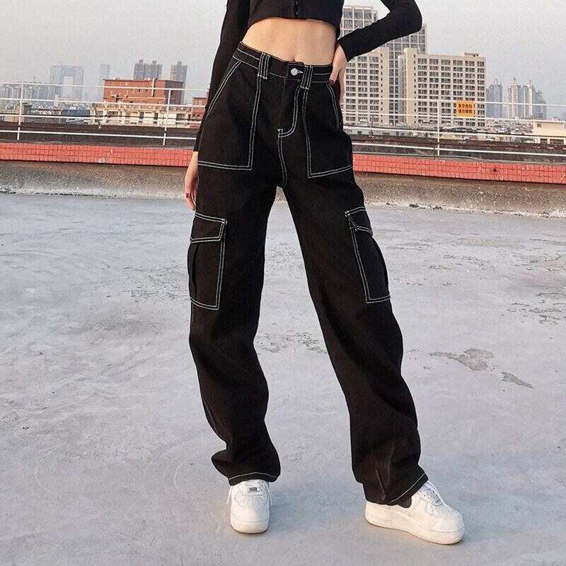 Cool Girls Fashion Wild Straight Cargo Jeans High Waist Loose Leg Pants Trendy Hip Hop Style Fitting Denim Trousers