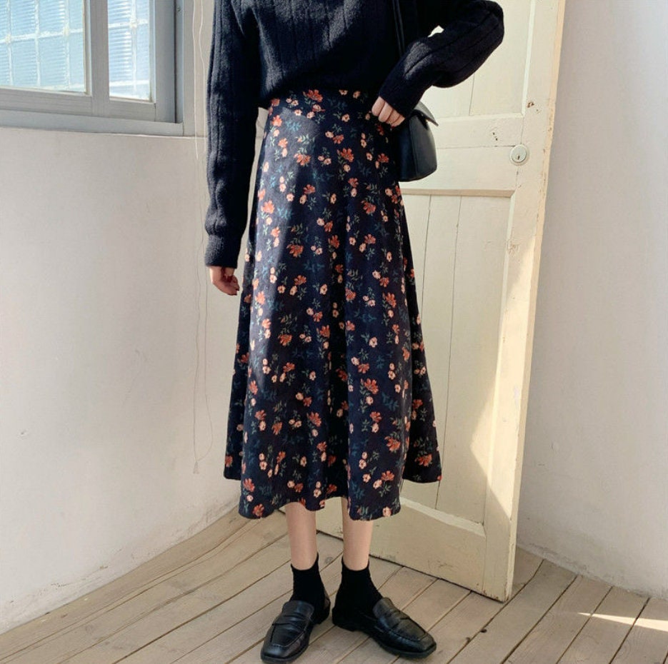 Corduroy Floral Midi Skirt Retro Dark Academia Clothing For Women Vintage Style Cottagecore Goblincore Skirt