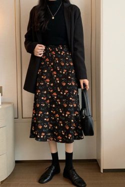 Corduroy Floral Midi Skirt Retro Dark Academia Clothing For Women Vintage Style Cottagecore Goblincore Skirt
