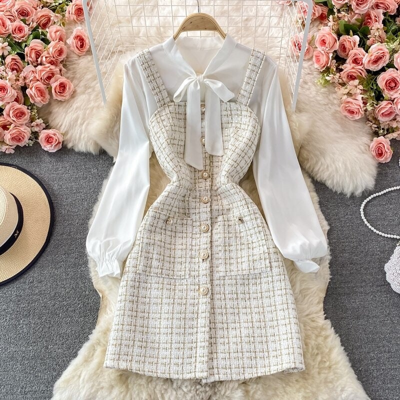 Cottage Core Dress Autumn Korean Fashion Bow Tied Collar White Blouse Spaghetti Strap Single Breasted Mini Tweed Dress Suits