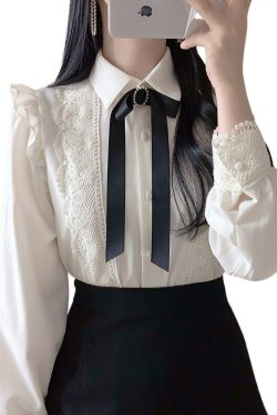 Cottagecore Clothing Light Academia Autumn Edwardian Blouse Women Single Breasted Button Solid Peter Pan Collar Victorian Blouse